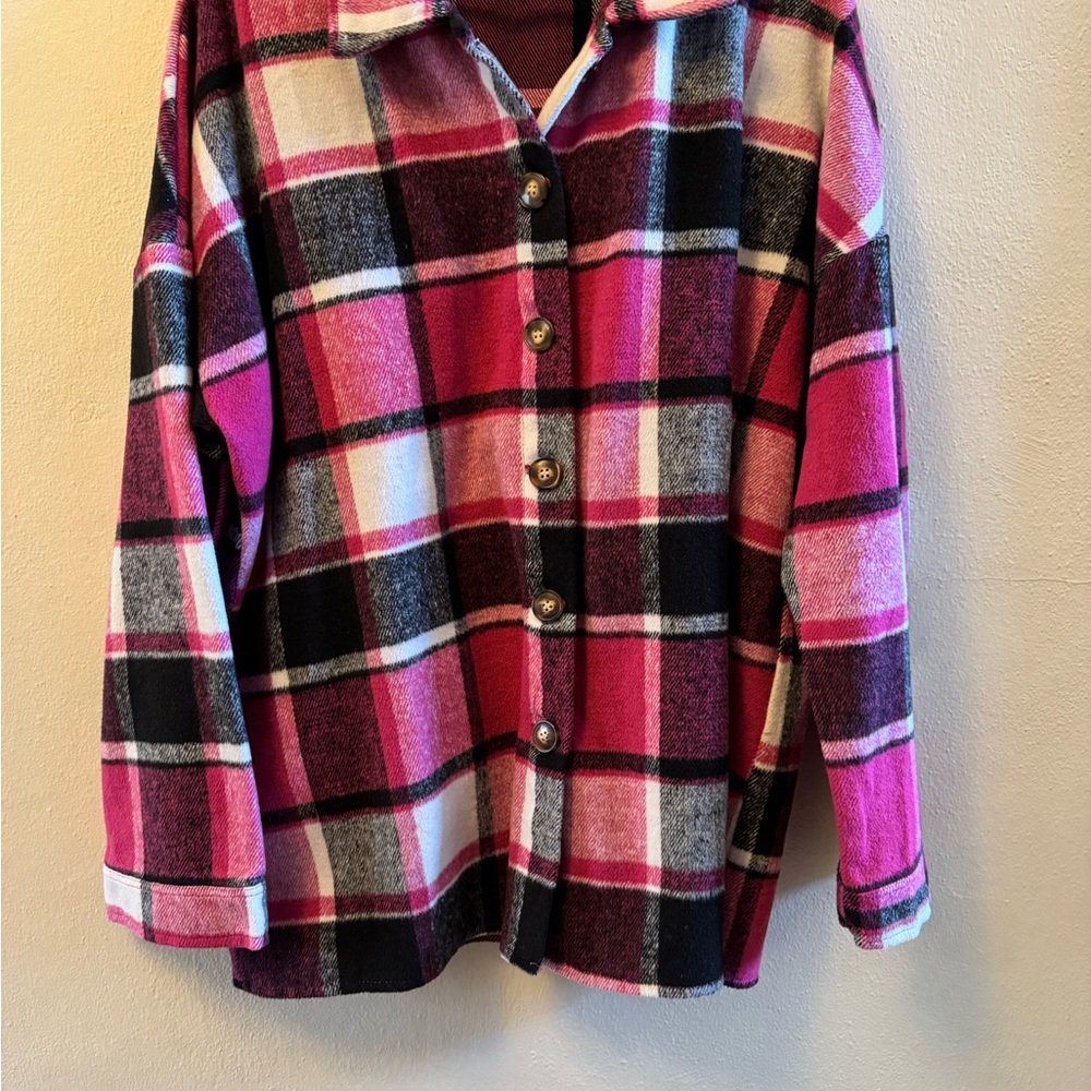 Oversized Plaid Flannel Shacket Hot Pink & Black Checkered Button-Down 2XL - Picture 4 of 11